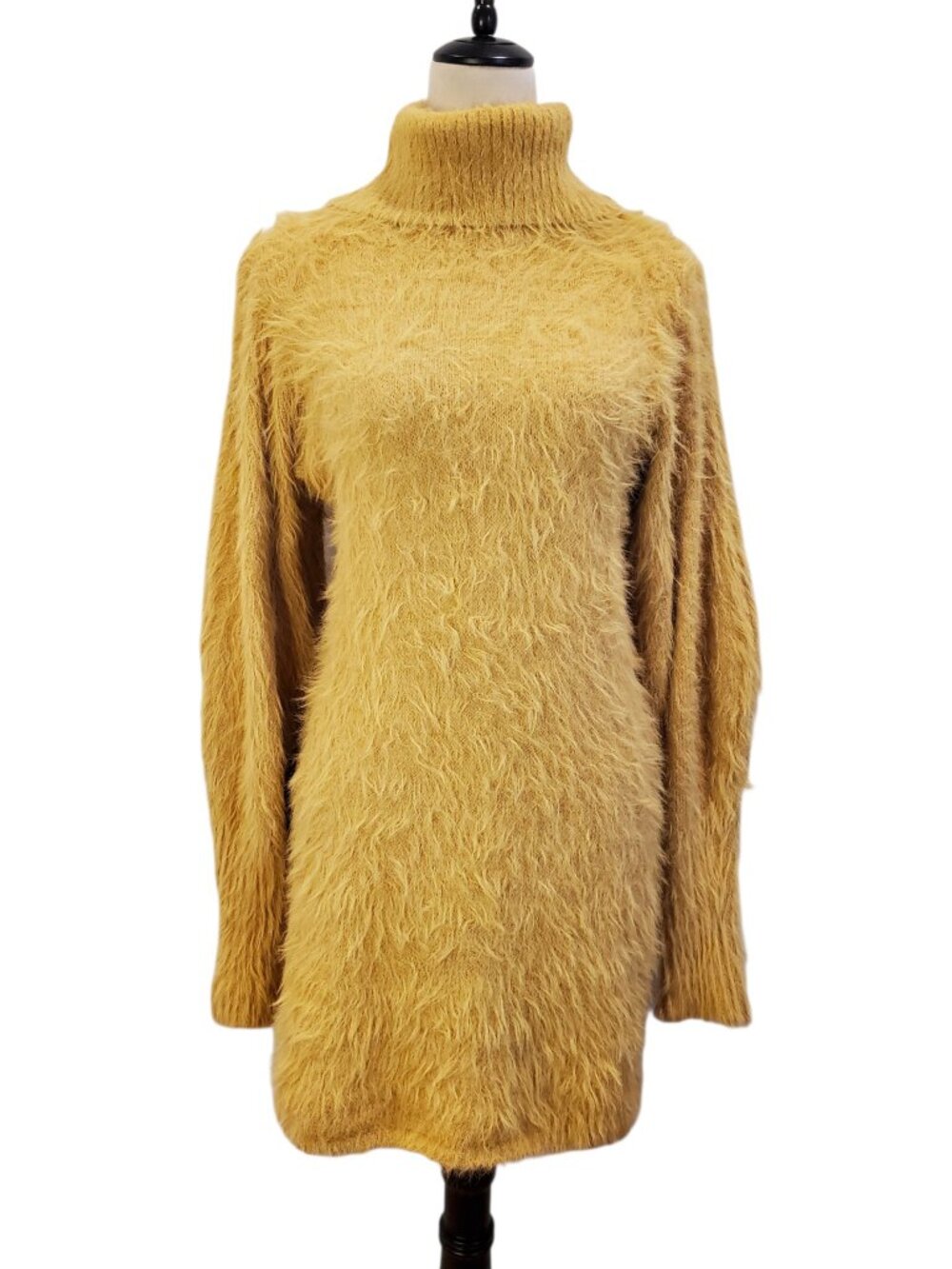 FREE PEOPLE Turtleneck Sweater Dress Fuzzy Eyelash Knit Long sleeve Mini Gold M